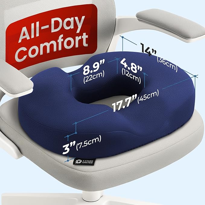 5 STARS UNITED Donut Pillow Hemorrhoid Tailbone Cushion – Large Floor Cushion for Pain Relief – Coccyx, Prostate, Sciatica, Pelvic Floor, Pressure Sores, Pregnancy, Postpartum Recovery, Blue
