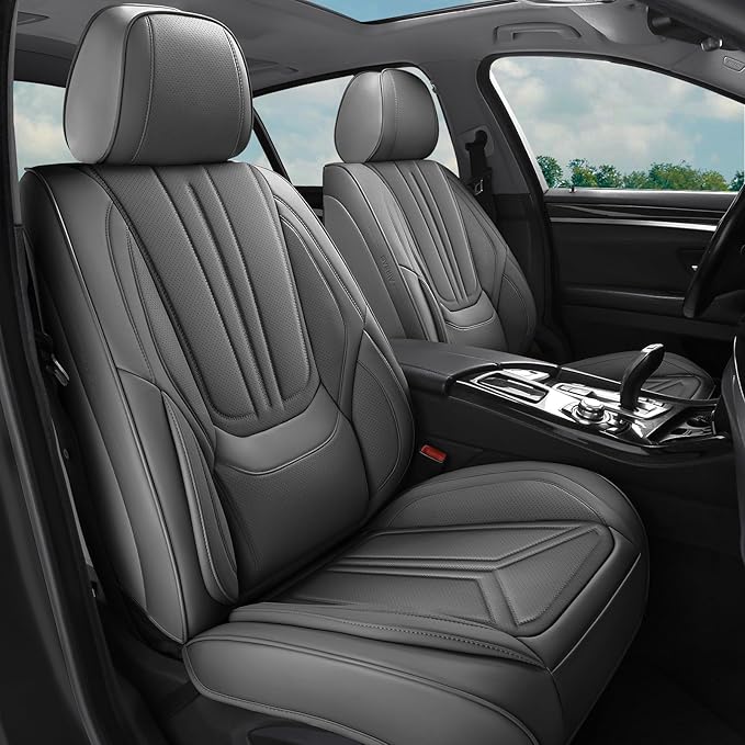 Car Seat Covers, Premium Leather Car Seat Covers, Waterproof and Breathable Seat Covers, Universal Car Seat Protector Fit for Cars, Trucks, SUVs, Pick-ups (Gray, FullSet)