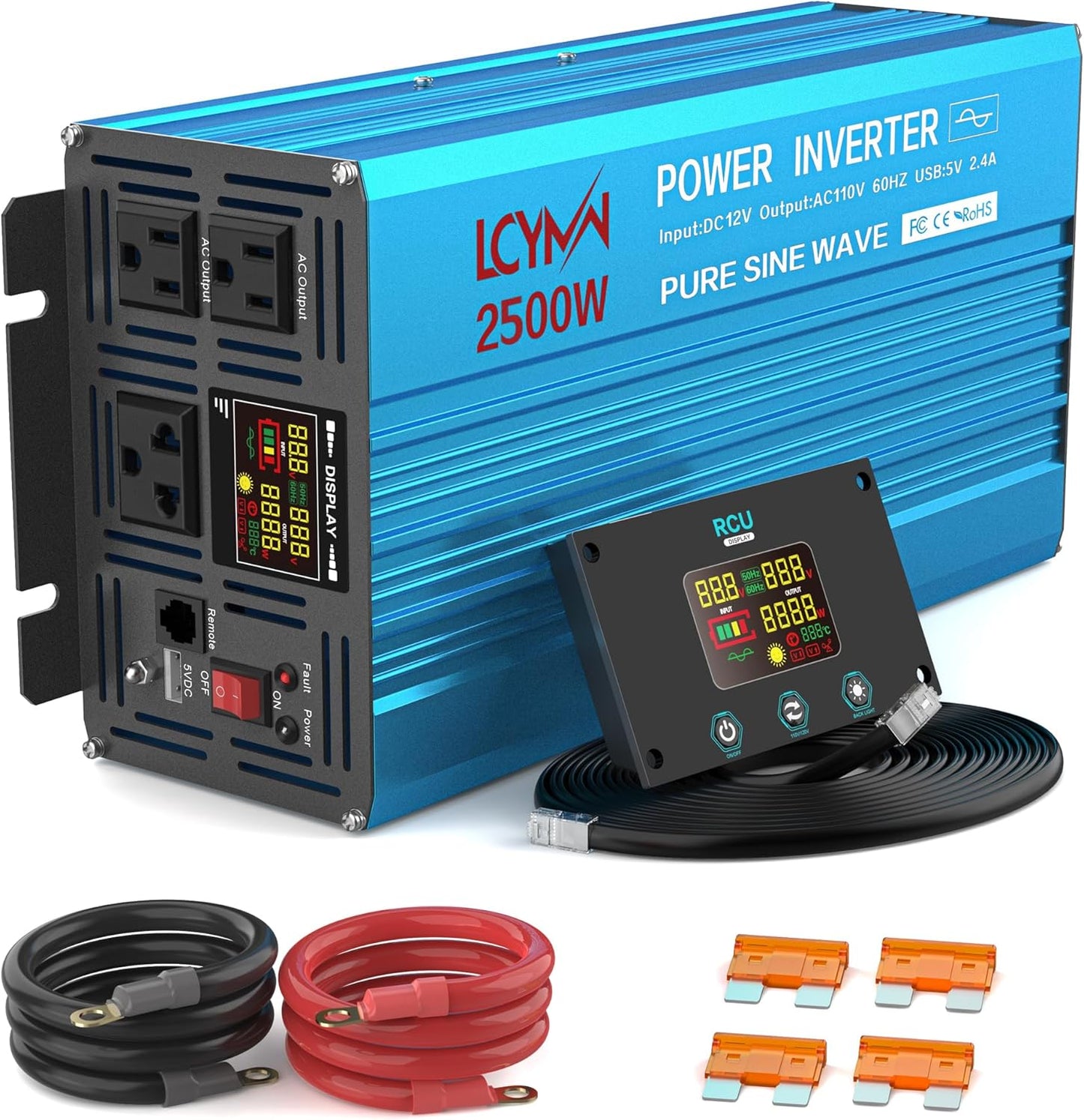 Power Inverter 2500 Watt Pure Sine Wave 12V DC to 110V/120V AC 5000W Peak Converter for Family RV Off Grid Solar System with 3 AC Outlets LCD Display Remote Control and 2.4A USB Charging Port