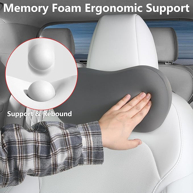 Car Headrest Pillow for Neck Support, Memory Foam Car Neck Pillow with Adjustable Strap, Ergonomic Neck Support Relieves Driving Fatigue (Grey)