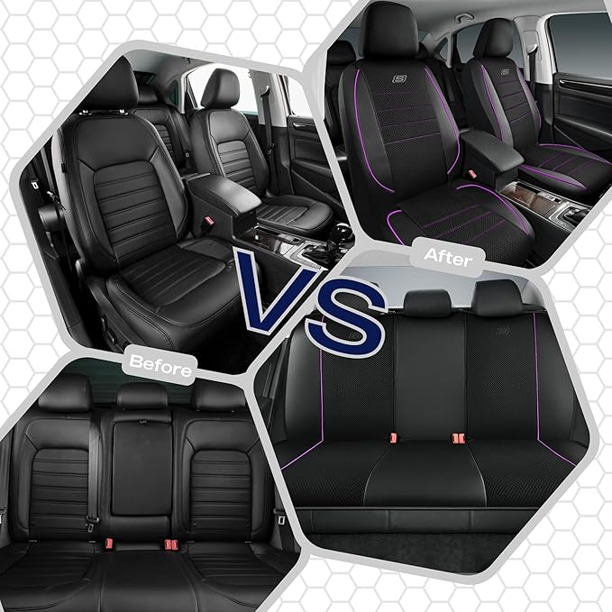 Skechers Air-Cooled Memory Foam Seat Covers,Mesh Thick Car Seat Covers,Piping Leather Car Seat Cover,Airbag Compatible,Automotive Comfort for Most Cars, Vans, Trucks, SUV(Purple, Full Set)