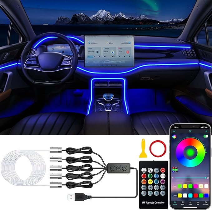 Jushope Car LED Lights, Interior Car Lights with Wireless APP/RF Remote/Button Control, Car Ambient Lighting Kit with 236" Integrated Molding Fiber Optic RGB Sync to Music (USB)
