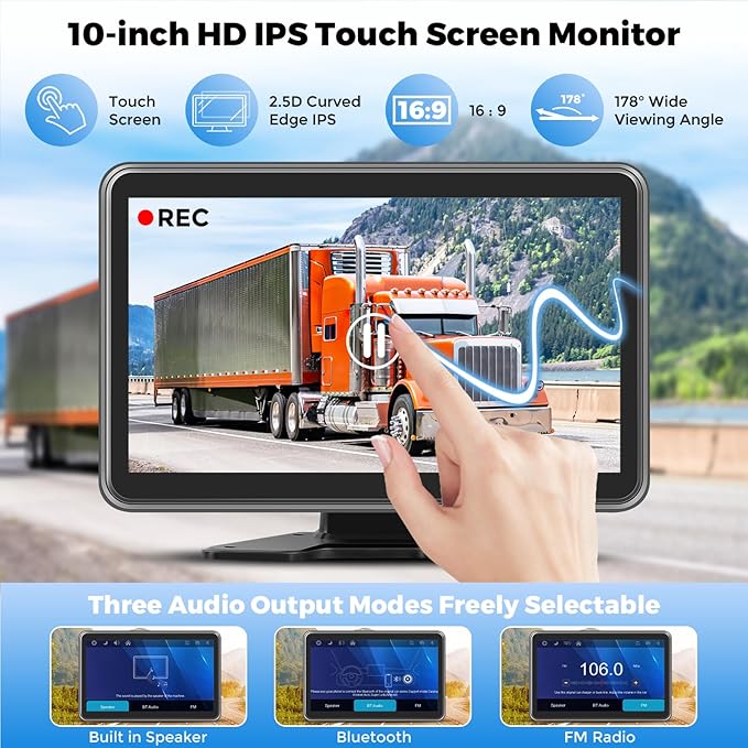 Truck RV Camera System with CarPlay & Android Auto,10'' Touch Screen Monitor with Recording & Voice Control & Navigation, 2 HD1080P Wired Rearview Backup Camera for Semi Trucks, RVs, Trailers