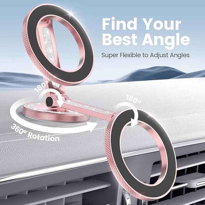 Pikabo Magnetic Phone Holder for Car Dashboard Phone Mount Holder Compatible with iPhone 17 Pro Max 16 15 14 13 12 MagSafe Accessories. (Glitter Pink)