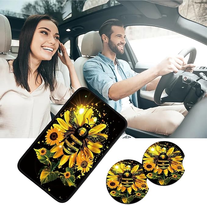 Car Armrest Cover Pads Universal Fashion Cute Auto Center Console Armrest Cover Pad with 2PCS Car Coasters Soft Waterproof Seat Protector for Women, Sunflower Bee