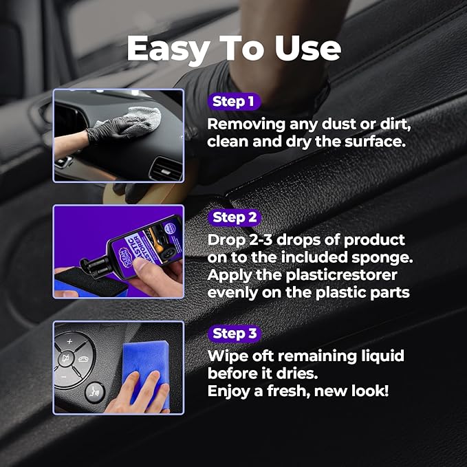 Plastic Restorer for Cars (8.45 fl oz), User Friendly Car Trim Restorer, Quick Plastic Trim Restorer with Free Sponge Applicator, Restores Faded Car Plastics, Bumpers & Against UV Rays