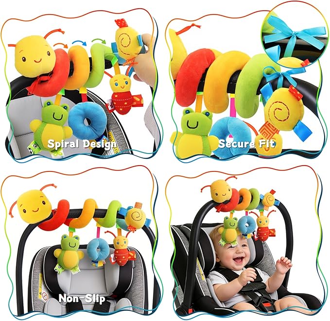FPVERA Spiral Car Seat Toys - Baby Sensory Soft Plush Hanging Toys for 0-12 Months Stroller Crib Accessories, Essentials for Expecting Moms & Baby Shower Registry Gift