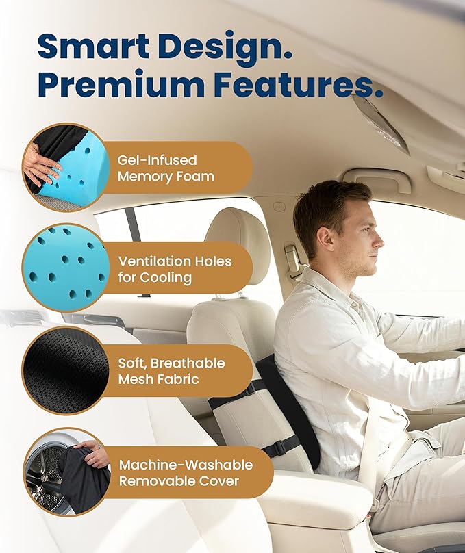 Everlasting Comfort Lumbar Support Pillow for Office Chair - Memory Foam Back Cushion for Car Seat - Promotes Better Posture, Back Pain Relief - Ideal Gaming and Desk Chairs Work and Home Essentials