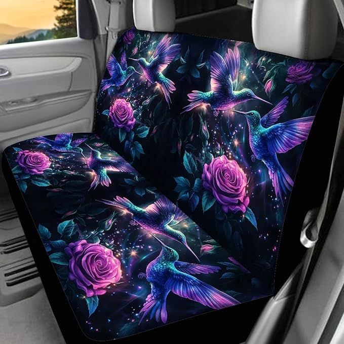 KEIAHUAN Purple Rose Hummingbird Car Seat Covers Full Set Car Front/Rear Seat Cover Universal Size Fit for Truck SUV Sedan Van for Women