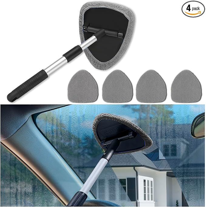 Windshield Cleaner Tool - Portable Car Interior Window Cleaning Kit with Extendable Handle, 4 Microfiber Towel Pads, Auto Glass Wiper for Windshield, Universal for RV, SUV, Truck (Gray)