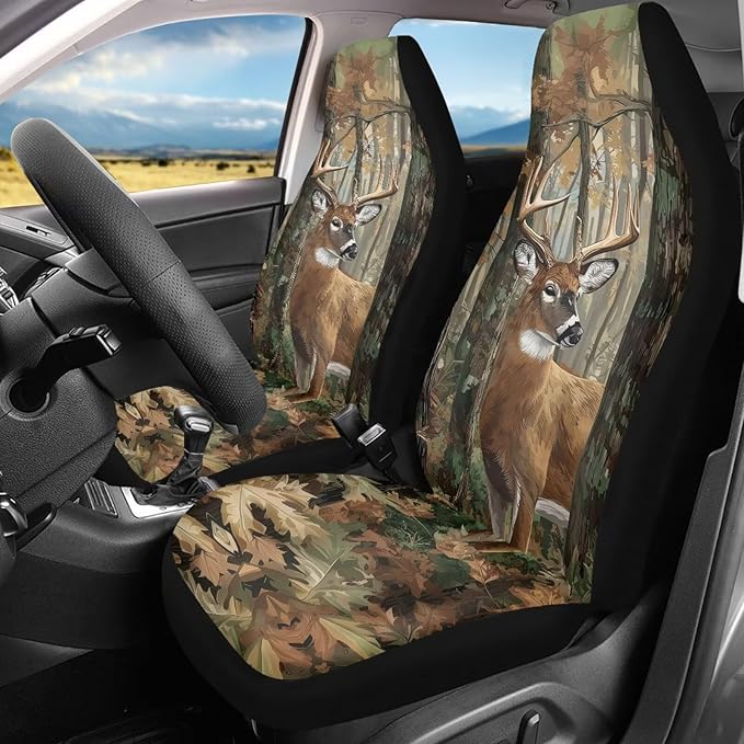 ELEQIN Car Seat Covers, Camo Hunting Deer Seat Cover Front Car Seat Cushion, Front Auto Protector Universal Fit Most Cars, Automotive Interior Accessory