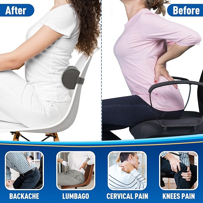 Seat Cushion, Lumbar Roll Support Pillow for Office Chair, Car, Gaming Chair, Memory Foam Back Cushion with Washable Cover for Relieving Back Pain & Improving Posture,Grey