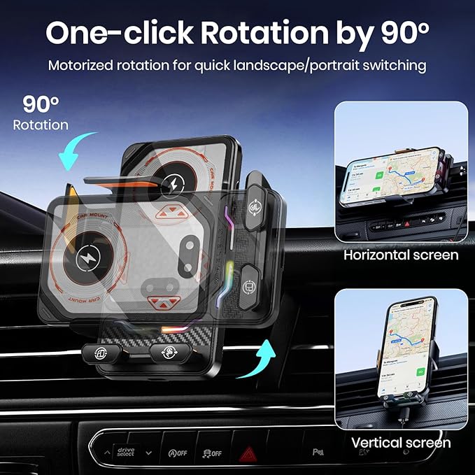 Wireless Car Phone Charger Holder, Smart Auto-Clamping Fast Charging Car Phone Holder with Atmosphere Lights, Rotating Air Vent Mount Compatible with All Smartphones (Black)