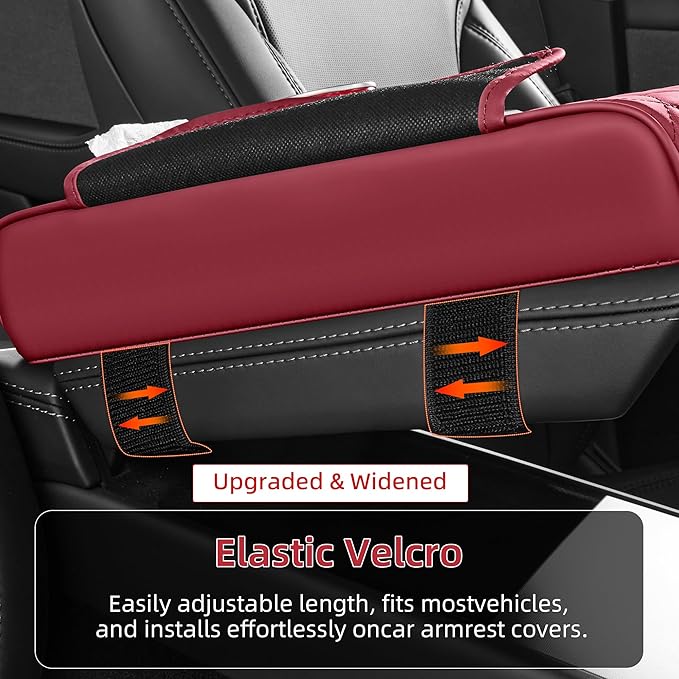 5 in 1 Car Center Console Cover, Armrest Pad with 2 Storage Pockets, Cup Holder, Tissue Box Slot, Phone Holder, Universal Car Interior Organizer (Burgundy)