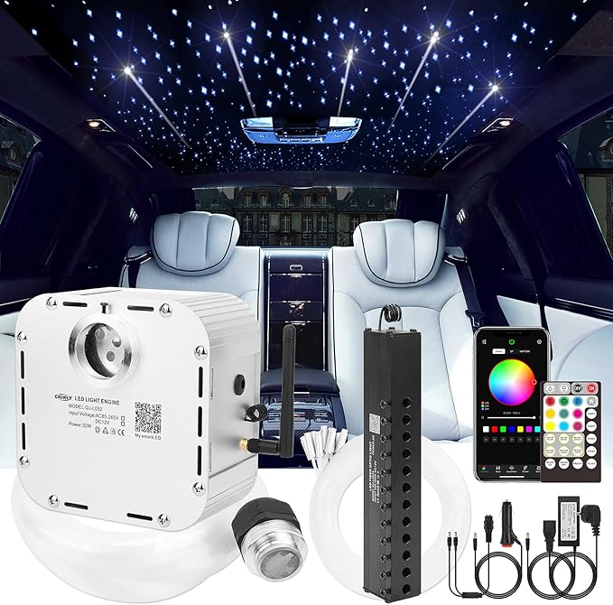 CHINLY 32w Meteor Twinkle 1000pcs 0.03in 16.4ft Bluetooth RGBW LED Fiber Optic Star Ceiling Light,APP/Remote +Shooting Stars Light kit+Adapter+Cigarette Lighter+10 Crystals,for Car/Ceiling