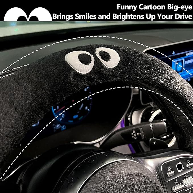 Car Headrest Pillow & Steering Wheel Cover Set with Cute Big-Eyed Furball Travel Neck Support Pillow Fur Car Interior Accessory (Black Ring Cover)