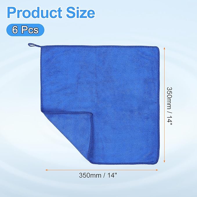 HARFINGTON 6 Pack Microfiber Cleaning Cloth, 14" x 14" Multi-Functional Cleaning Towels Reusable Absorbent Rags with Hook for Car Wash Kitchen Household Window Clean, Sapphire Blue