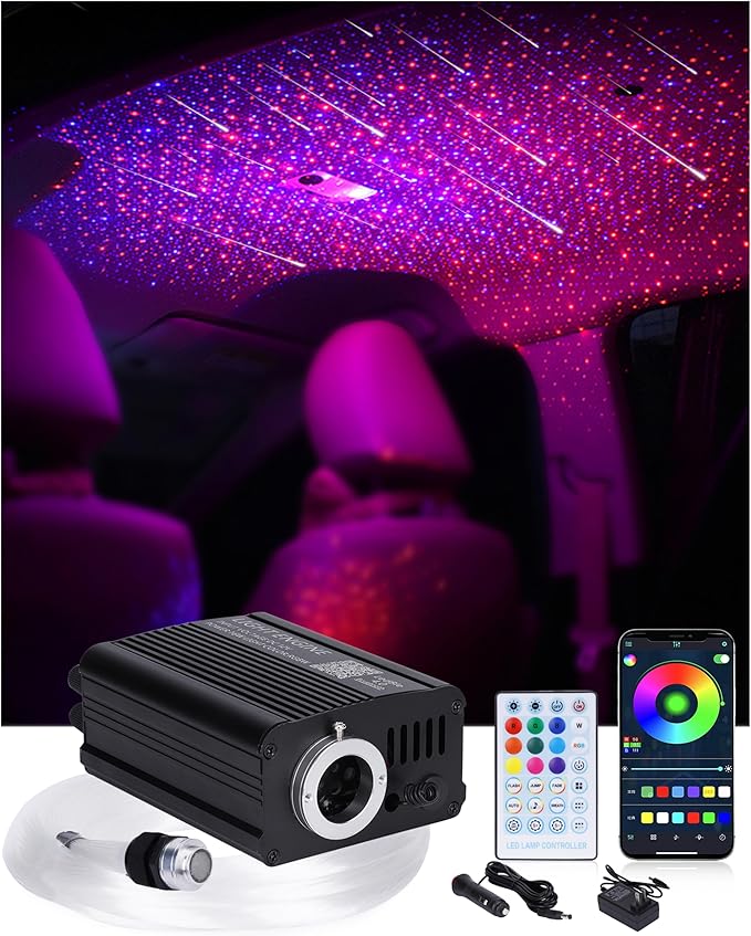 Starlight Headliner Kit for Car, 750pcs 0.03in x 9.8ft Fiber Optic Star Lights with 16W RGBW, 200 White Shooting Stars, App & Remote Control Car Ceiling Projector