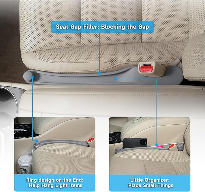 Givifive Car Seat Gap Filler Set of 2, 3IN1 Seat Side Gap Filler Plug with Storage Slot & Hook Function, Soft Foam Universal Fit Car SUV Truck Fill Gap Between Seats Console Organizer（Standard L Gray）
