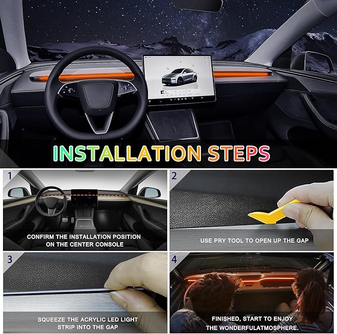 Acrylic Interior Car LED Strip Light with 6mm Sewing Edge - 43.3 inches Ambient Lighting Kits, Neon LED Strip Light(110CM/43.3IN, Orange)