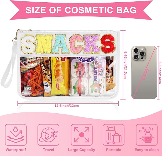 Snack Bag for Travel - Clear Chenille Varsity Letter Flat Pouch with Zipper, 12.2×8.46 inch Waterproof Clear Nylon Preppy Patch Makeup Cosmetic tote Bags for Women Girls
