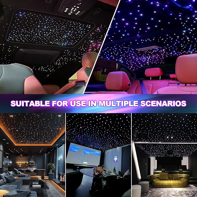 36W 4-Color RGBW Car Starlight Headliner Kit, 400pcs0.03in9.8ft, Twinkle & Sound Activate 4-Port Fiber Optic Light Engine with Bluetooth APP&Remote Control, Star Lights for Car and Home