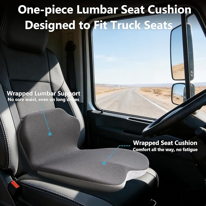 Memory Foam Truck Seat Cushion & Lumbar Support Set – Ergonomic U-Shape Tailbone Relief + L-Shape Back Cushion for Long-Haul Semi/Pickup Drivers Breathathable Cover Non-Slip Bottom Dark Gray