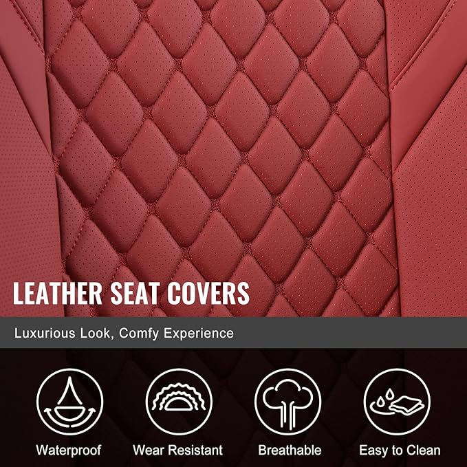 Auto Car Seat Covers Full Set Leather Cushion Protector Breathable Waterproof Seat Cover for Cars Universal Fit (Wine, Full Set Without Headrest)