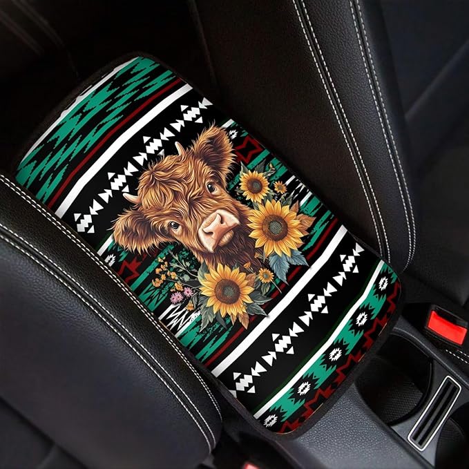 UNICEU Aztec Sunflower Highland Cow Print Car Center Console Armrest Cushion Cover Soft Auto Interior Decor Armrest Box Protector Covers Pad