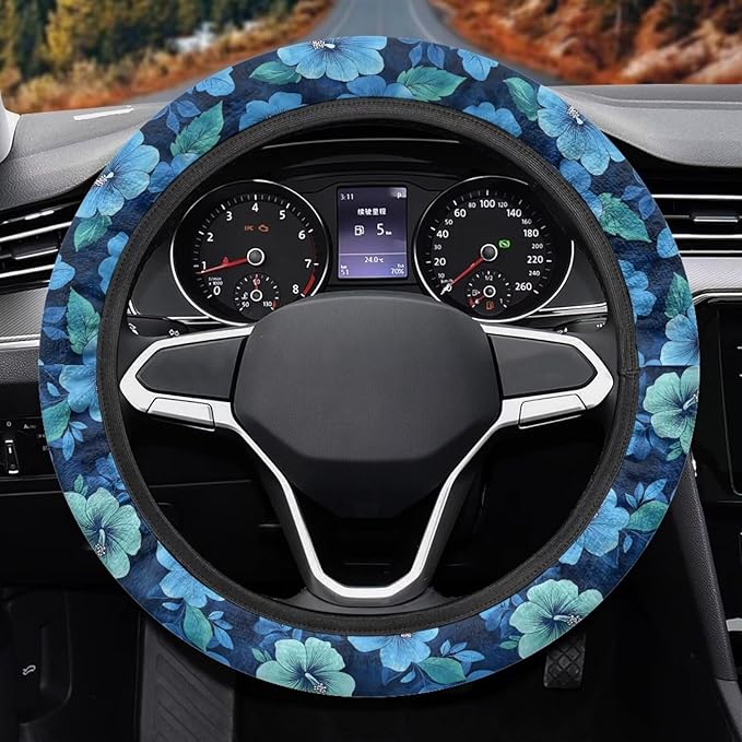 AFPANQZ Car Steering Wheel Covers White Sweat Absorption Comfort Grip, Branch White Universal 14-15 inch Stretch-on Fabric Keep Warm Steering Wheel Protector for Women