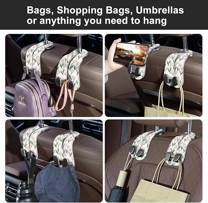 CoBak Purse Hook for Car - Universal Premium Stitched Leather and Aluminum-Magnesium Alloy Double Car Seat Back Storage Hook for Purses, Handbags, Bags (2 Pack),Tulip