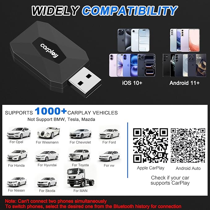 Wireless CarPlay Adapter for iPhone – Converts Wired to Wireless CarPlay for Android Auto with Fast Stable 5.8GHz & Bluetooth Connect & Plug and Play USB & USB-C – No Delay Apple CarPlay, Black