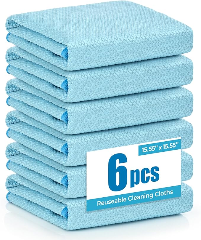 Microfiber Glass Cleaning Cloth 6 Pack, 15.5x15.5 Inch Blue Magic Cleaning Rags, Lint Free Streak Free Reusable Towels for Windows, Mirrors, Cars, Screens, Kitchen and Stainless Steel Surface