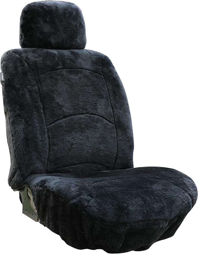 Genuine Sheepskin Seat Cover Lambskin Seat Cover Winter Car Seat Cover Lambs Wool Sheep Skin Fuzzy Shearling Car Accessories Front Bucket with Curve Patten (Black)