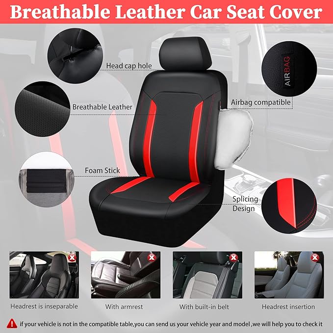 CAR PASS Universal Leather Car Seat Covers Full Set, Waterproof wear Durable Faux Leather Seat Covers 5 Seats Protector, Rear with Zipper, Airbag, Fit for SUV Pick-up Truck Vehicle Auto Black and Red