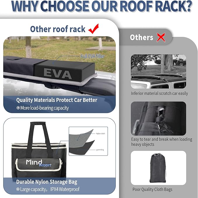 Universal Car Soft Roof Rack for Kayak/Canoe/Surfboard/SUP/Snowboard,Roof Rack Pads Carrier System Include 2 16FT Tie Down Straps,2 Ratchet Pulley Ropes,2 Hood Loops and Storage Bag （with Crossbar）