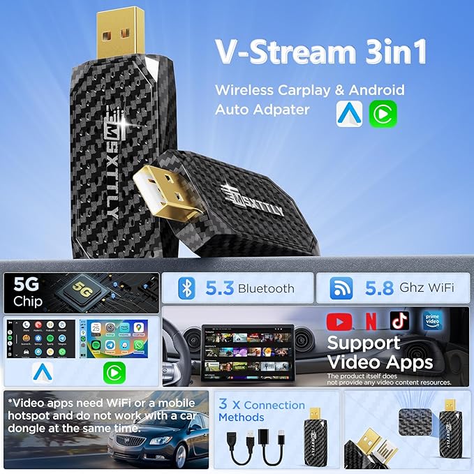 MSXTTLY Mini 3in1 Stream CarPlay Android Auto Wireless Adapter, Support Netflix/YouTube/TikTok/PrimeVideo Box, Only Compatible with Wired CarPlay Car Model 2017+, for Android 11 & iPhone iOS 10+