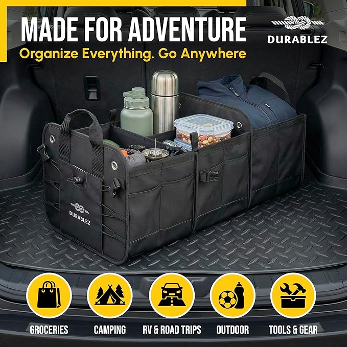3-Section Car Trunk Organizer XL – Large Modular Auto Storage Bin, Foldable Multi-Compartment Cargo Organizer for Car Trunk, Heavy Duty 1680D Design – Black