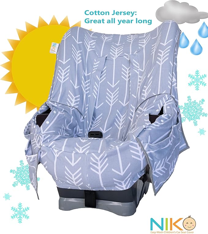 Niko Easy-Wash Children's Car Seat Cover & Liner - Cotton Jersey Gray & White Arrow Pattern - Universal FIT - Crash Tested - Waterproof SEAT Bottom - Easy to Clean - Machine Washable