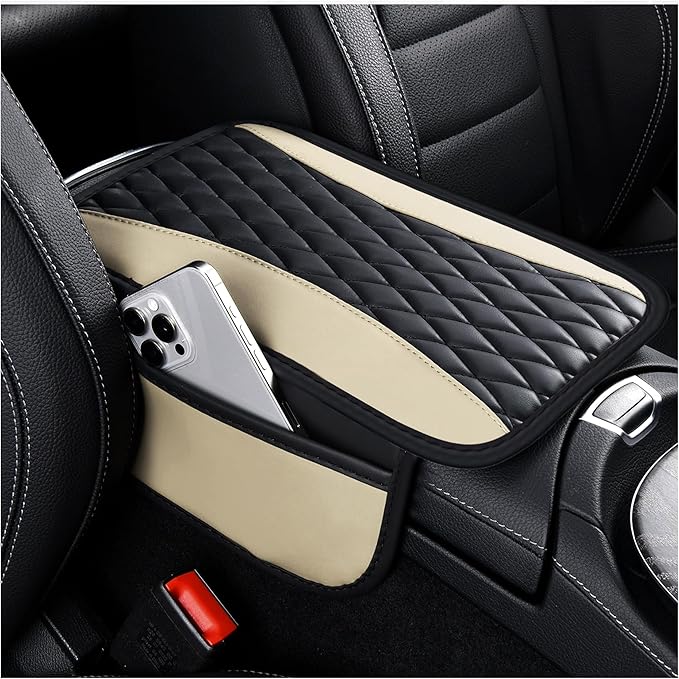 IHOTDER Patchwork Leather Center Console Covers for Cars,Upgraded Arm Rest Cover for Car with Side Storage Pocket for Car Seat Organizer,Middle Console Cover Stylish Car Decoration (Light Beige)
