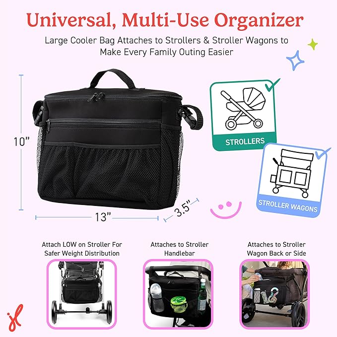 J.L. Childress Cool 'N Cargo Stroller and Wagon Cooler and Organizer - Universal Fit - Insulated - Attaches to Strollers, Wagons, Walkers and Wheelchairs - Large Capacity - Black