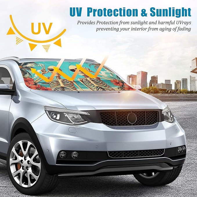 Funny Skull Beach Car Windshield Sun Shade Foldable Sunshade Front Window Cover Sun Visor Protector Accessories (59x27.5 inches)