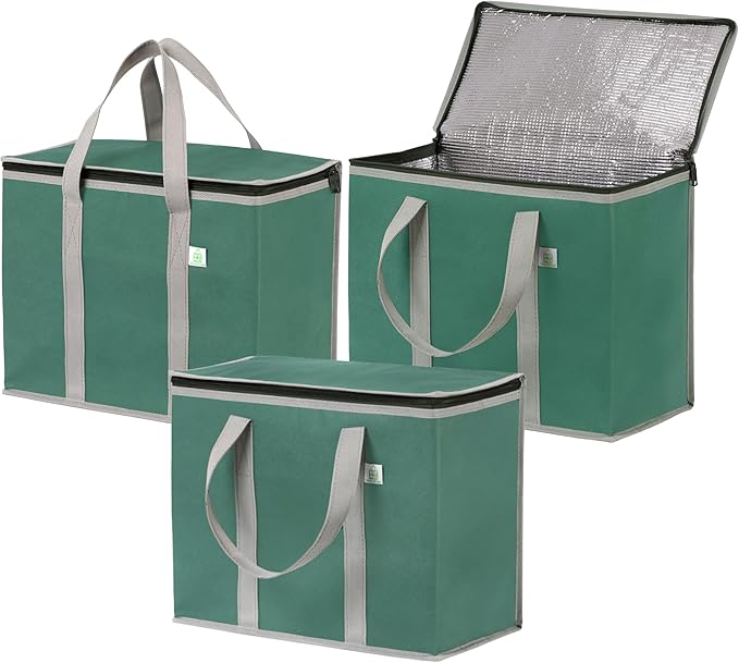 VENO 3 Pack Cooler Bag Insulated Reusable Grocery Shopping Bag, Food Delivery, Heavy Duty, Large Size, Durable Handles, Double Zippers, Lid, Collapsible (Green, 3 Pack)