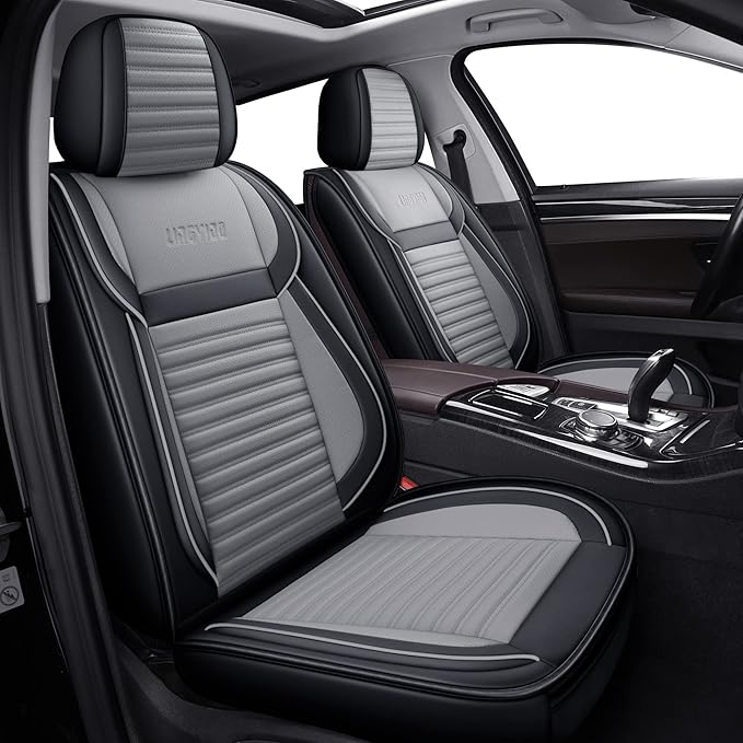 LINGVIDO Front Car Seat Covers, Faux Nappa Leather, Airbag Compatible and Waterproof Protectors for Sedans SUVs, Breathable Anti-Slip Interior for Commuters and Rideshare, Black/Gray