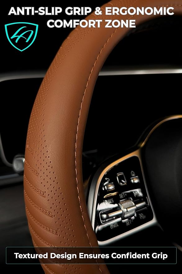 Lord Autofashion Steering Wheel Cover – PU Leather, Non-Slip Rubber Inner, All-Season Comfort – 14.5–15 Inch (Tan 9356)