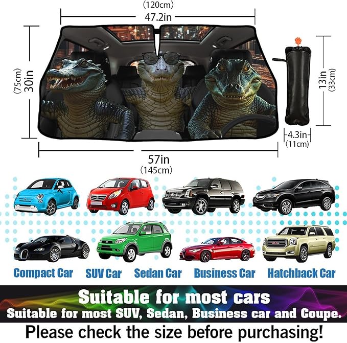 CHILL·TEK Funny Animal Car Windshield Sun Shade Umbrella, Funny Crocodile Car Sun Shade Umbrella, Block UV Rays Heat Foldable Windshield Umbrella Sun Visor Protector - Keep Vehicle Cool for Cars SUV