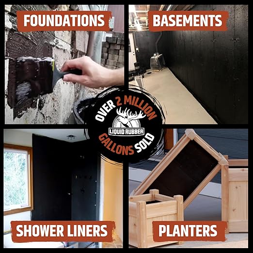 Liquid Rubber Basement and Foundation Repair Sealant - Waterproof Concrete Sealer & Crack Filler - Flexible Coating for Indoor & Outdoor Use - Waterproofing Paint - Black, 5 Gallon