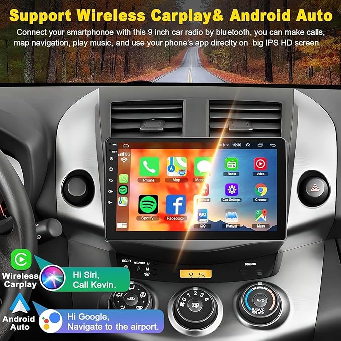 4G+64G Car Radio Stereo for Toyota RAV4 2007-2012, Wireless Carplay&Android Auto with Android 13 Support Bluetooth/Voice Control/GPS/WiFi/Back-up Camera/SWC/FM, 9 Inch IPS Touch Screen for Toyota RAV4