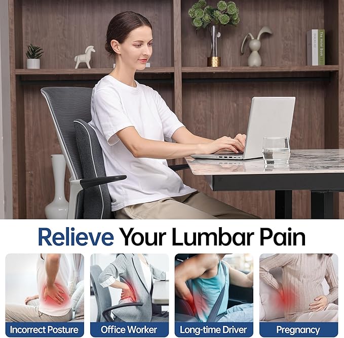 Lumbar Support Pillow for Office Chair, Back Support Pillow with Memory Foam, Relieves Back Pain, Removable Washable Cover & Adjustable Strap, for Car/Gaming Chair,Gift-Dark Grey