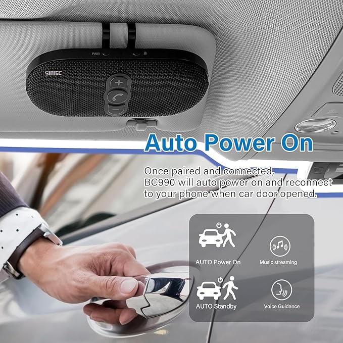 Bluetooth Car Speaker Phone: Hands Free Calling Kits 6W in car Speakerphone for Safe Driving - Support Siri Google Assistant Voice Calls/Motion Auto ON Off - BC990P